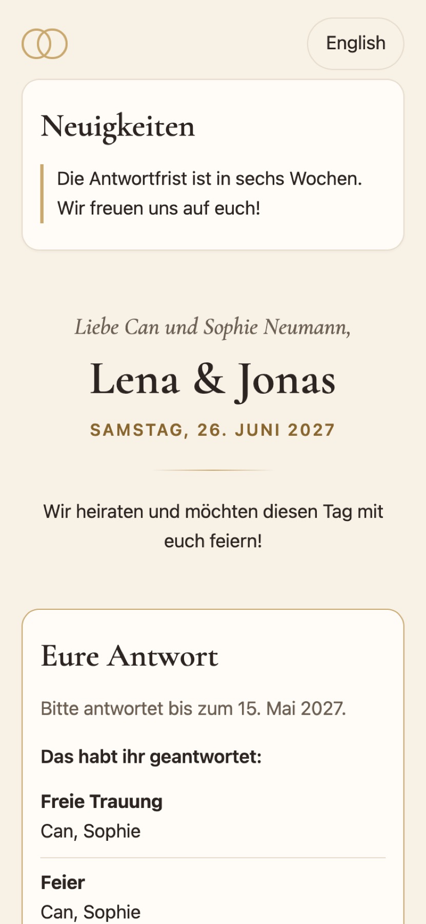 Die persönliche Einladungsseite eines Gasts auf dem Handy